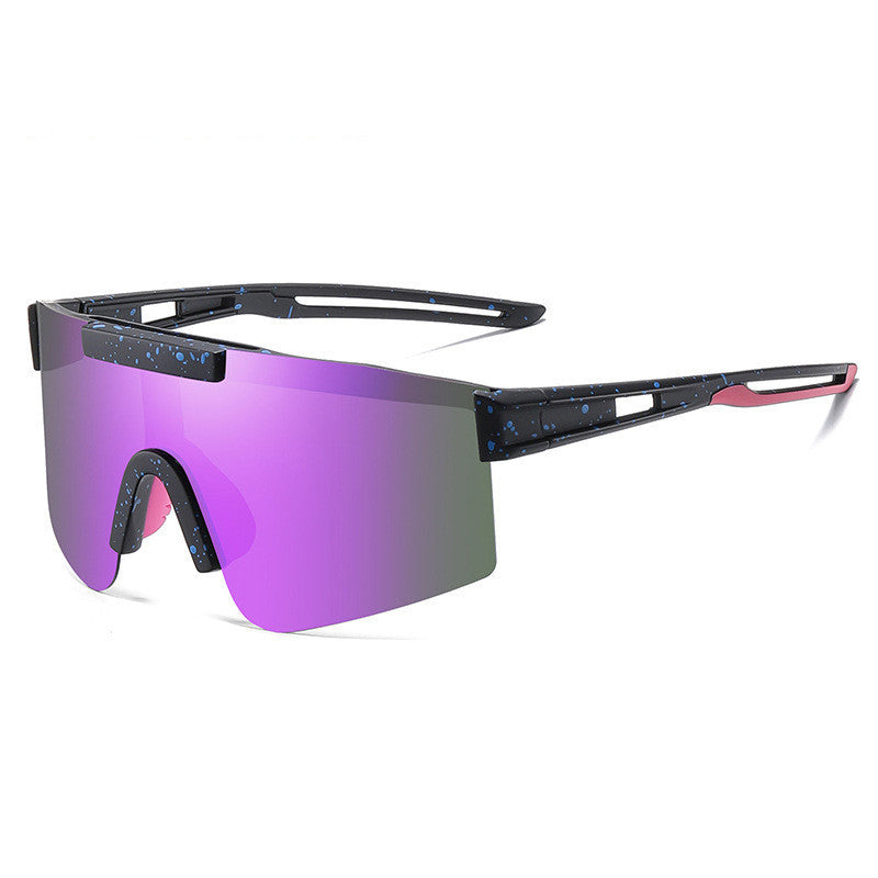 A pair of blue polarized cycling sunglasses with a black frame, displayed on a white surface with a reflective shadow.