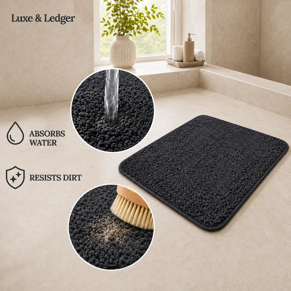 A black textured bath mat shown on a beige bathroom floor, with two circular callout insets demonstrating water absorption and dirt resistance. The image includes the text 'Luxe & Ledger' and feature callouts like 'ABSORBS WATER' and 'RESISTS DIRT'.