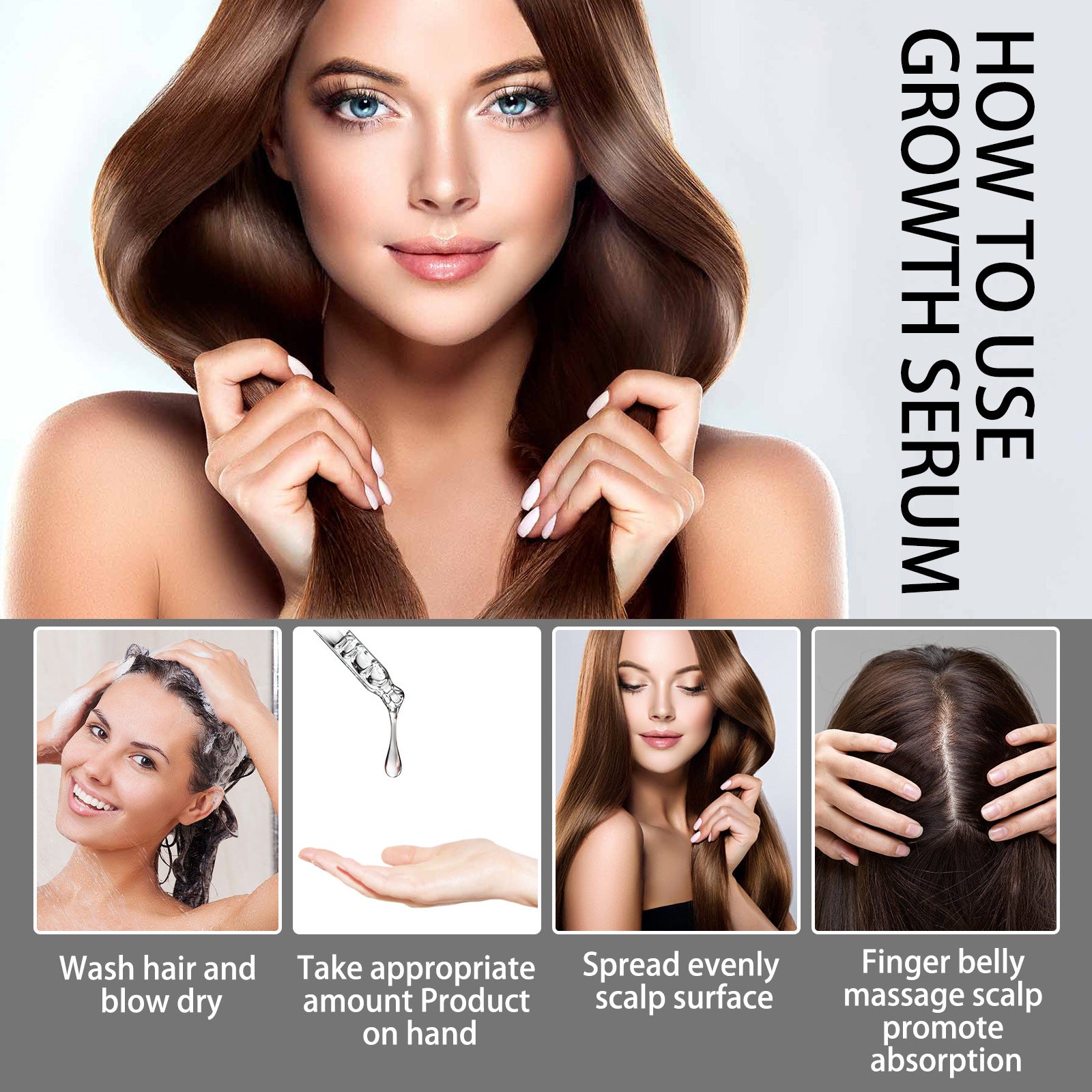 Instructions on how to use a hair growth serum with a woman and step-by-step guide.