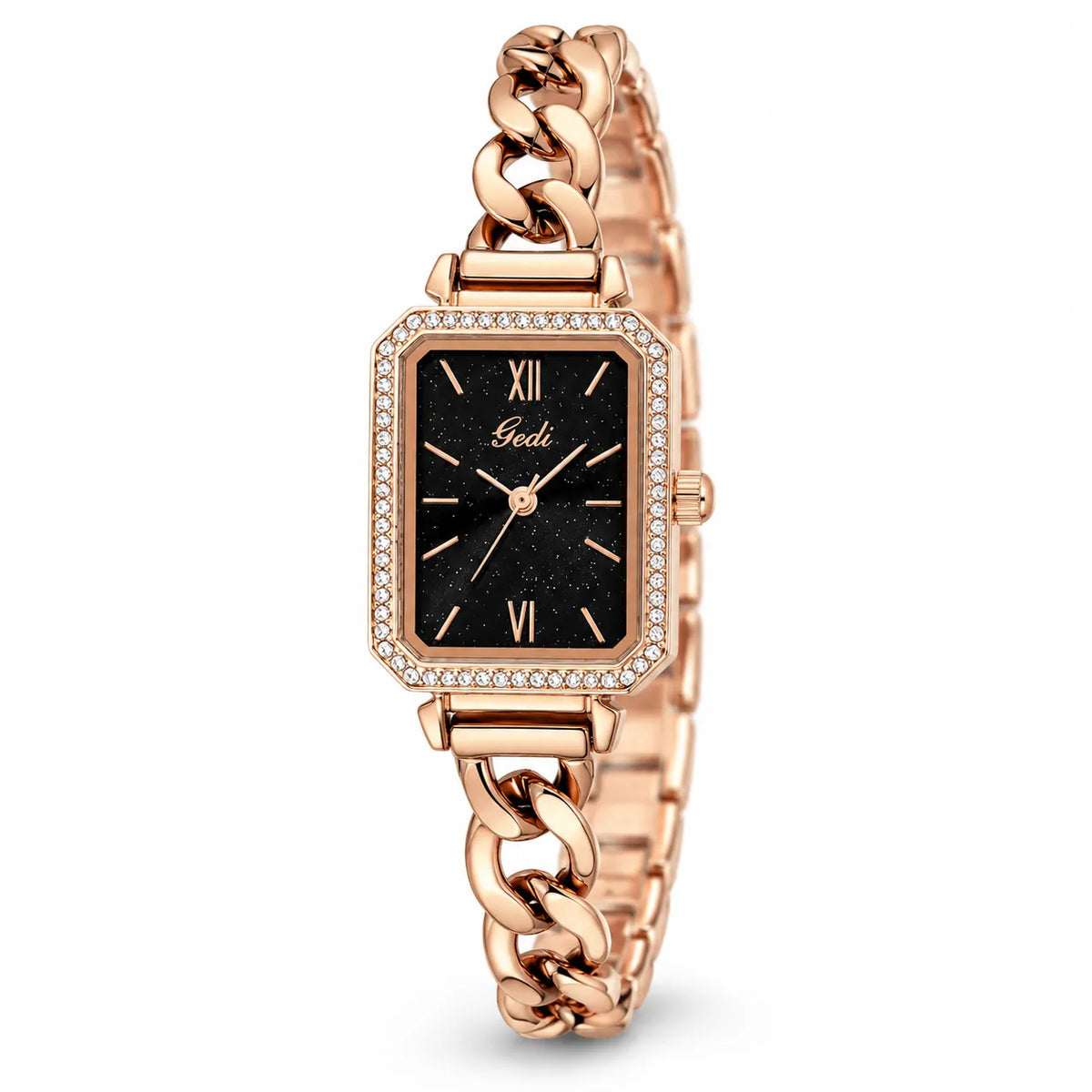 A women's rectangular analog watch with a rose gold-tone metal case and link bracelet, featuring a black dial with gold-tone hands and Roman numeral hour markers, and a bezel accented with small clear crystals.