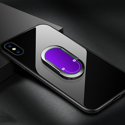 Phone case with a purple and silver design on a black phone