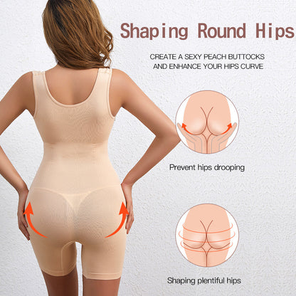 Woman wearing a beige shapewear garment with text and illustrations on a light gray background.