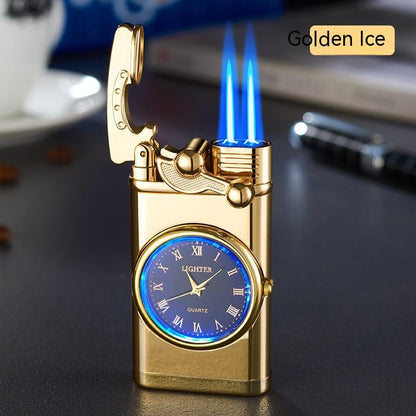Gold lighter with clock face and blue flames on a dark surface, brand 'Golden Ice' visible.