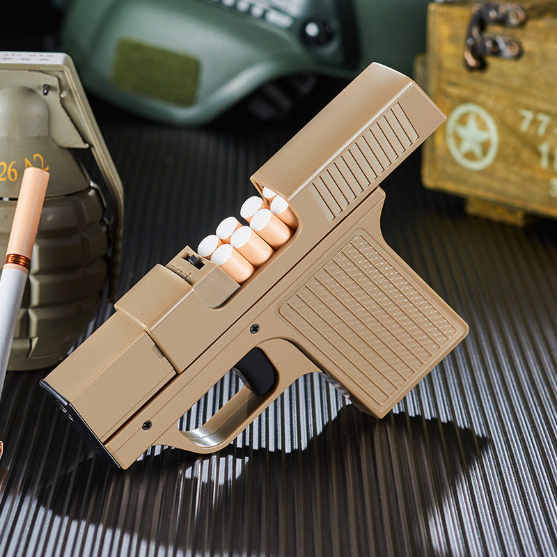 Toy gun with beige casing and white bullets on a textured surface