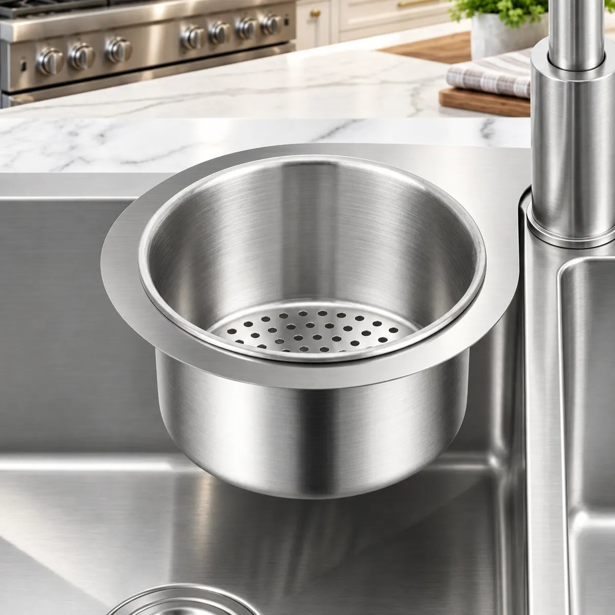 Empty stainless steel sink strainer basket resting beside a kitchen faucet, with its perforated base visible.