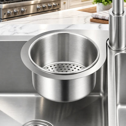 Empty stainless steel sink strainer basket resting beside a kitchen faucet, with its perforated base visible.