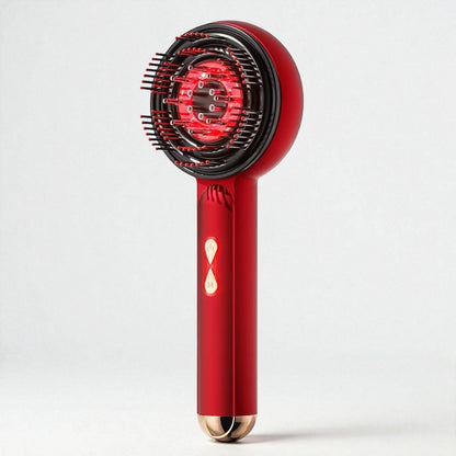 Red handheld hair dryer with black nozzle on a white background