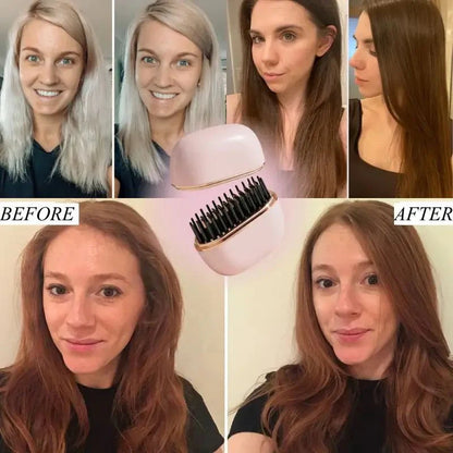 Before and after comparison of hair styling with a hair dryer and brush.