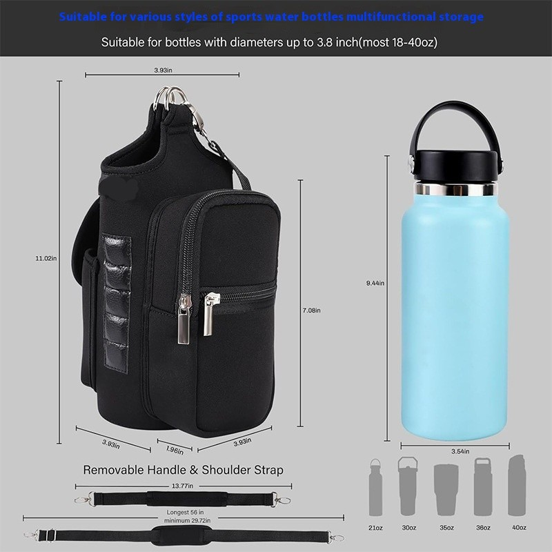 Black crossbody bag with measurements and a blue water bottle on a gray background