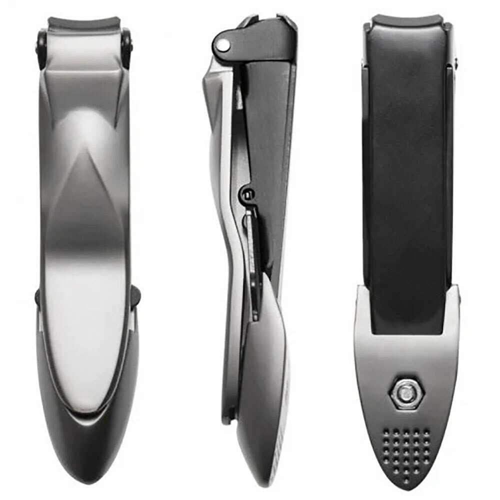 Three views of a black and silver knife on a white background