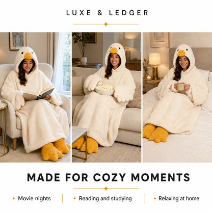 Three-panel lifestyle collage showing a woman wearing a fluffy cream duck-themed blanket hoodie and matching foot coverings in cozy indoor settings. The top and bottom text read 'LUXE & LEDGER' and 'MADE FOR COZY MOMENTS' with use cases like movie nights, reading and studying, and relaxing at home.
