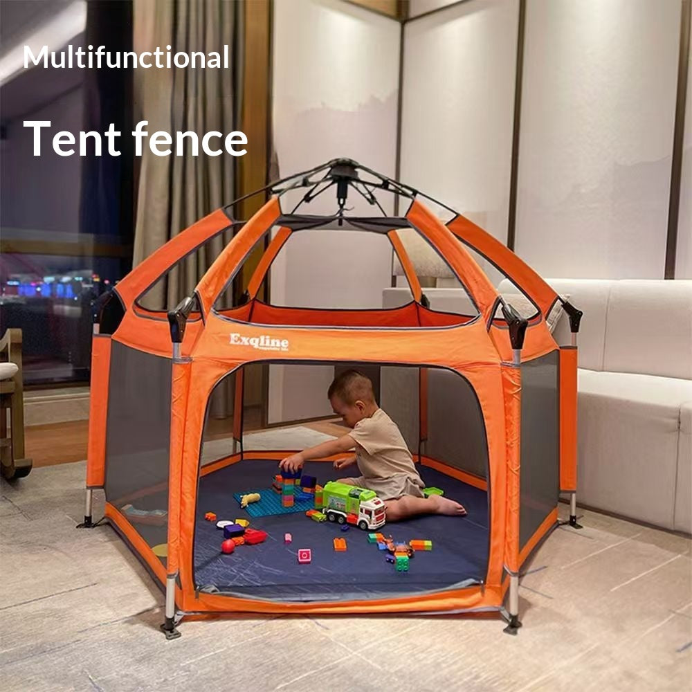 Orange and gray multifunctional tent fence with a child playing inside in a living room.