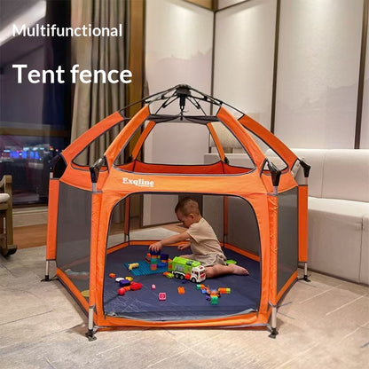 Orange and gray multifunctional tent fence with a child playing inside in a living room.