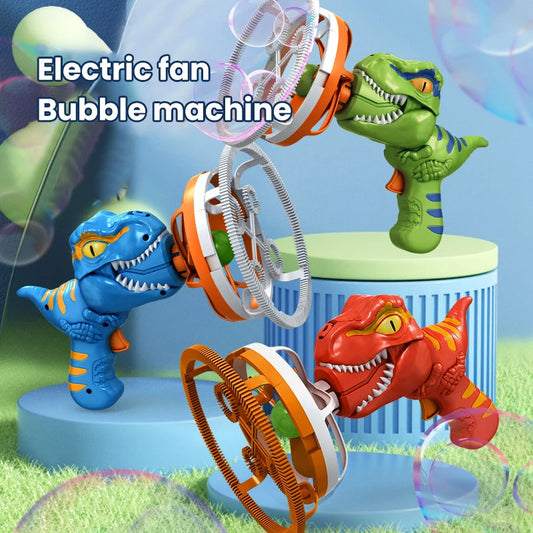 A set of dinosaur-shaped bubble blaster toys in multicolor, designed to look like various species of dinosaurs, with features such as a fan and bubble machine.