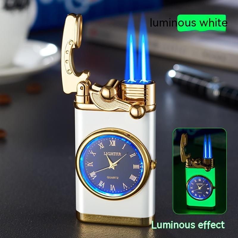 Decorative lighter with clock face and blue flames on a dark surface.