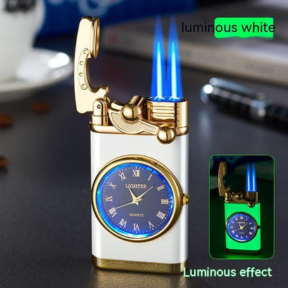 Decorative lighter with clock face and blue flames on a dark surface.