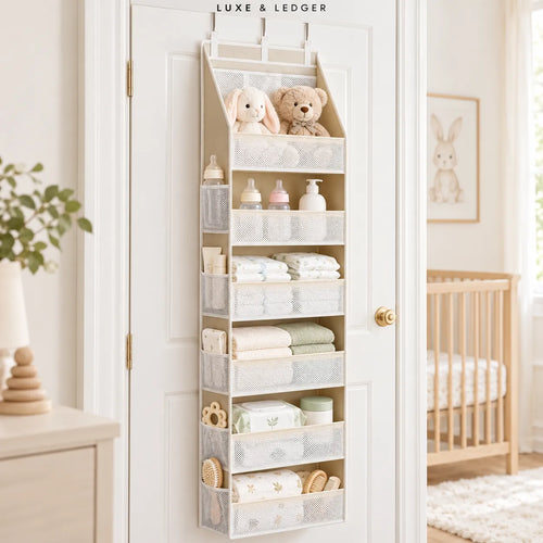 A beige multi-tier hanging organizer with mesh pockets is mounted on a white door in a bright nursery. The organizer is styled with baby items including a plush bunny, teddy bear, bottles, folded towels, and wooden toys.