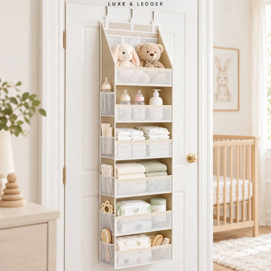 A beige multi-tier hanging organizer with mesh pockets is mounted on a white door in a bright nursery. The organizer is styled with baby items including a plush bunny, teddy bear, bottles, folded towels, and wooden toys.