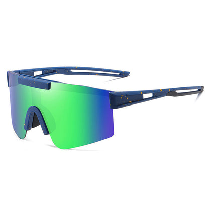 A pair of blue polarized cycling sunglasses with a black frame, displayed on a white surface with a reflective shadow.