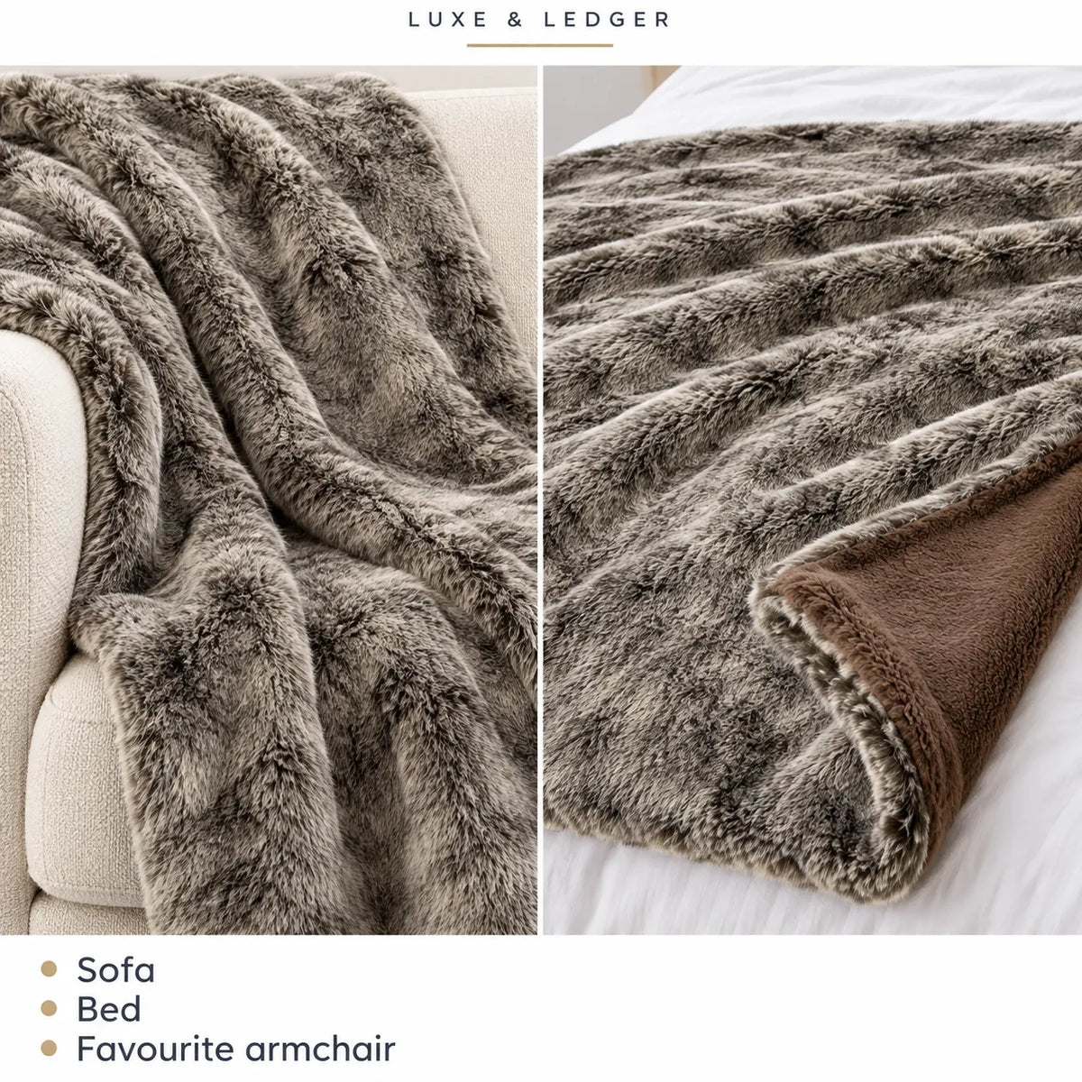 A plush faux-fur throw blanket shown in two panels: draped over a light beige armchair on the left and folded over a white bed on the right. The blanket has a taupe-gray outer side and a warm brown reverse side.