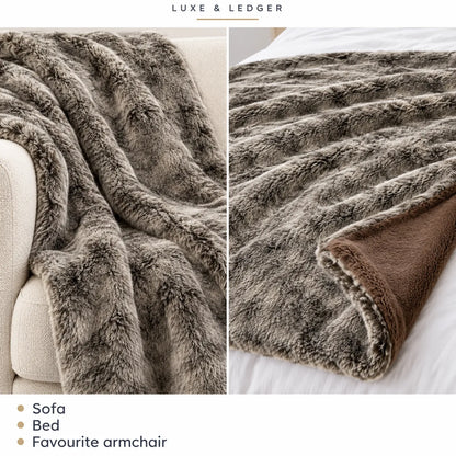 A plush faux-fur throw blanket shown in two panels: draped over a light beige armchair on the left and folded over a white bed on the right. The blanket has a taupe-gray outer side and a warm brown reverse side.