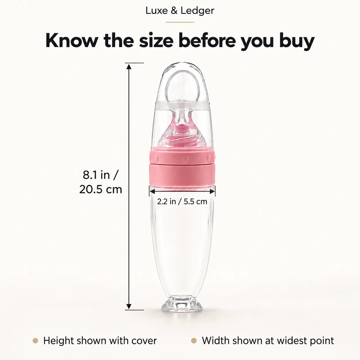 A clear baby bottle with a pink middle band and a transparent cap, shown on a light background with text indicating dimensions: 8.1 in height and 2.
