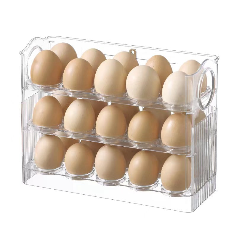 Clear plastic egg holder with eggs on a white background