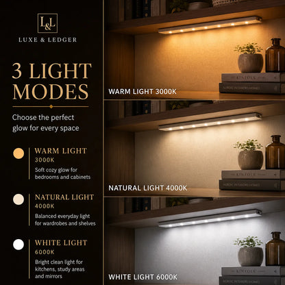 Luxe & Ledger under-cabinet lighting with 3 light modes displayed on a shelf.