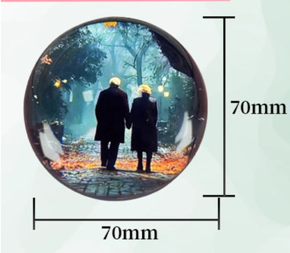 Two people holding hands in a forest with measurement details on a white background