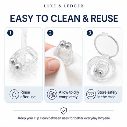 Instruction graphic for Luxe & Ledger ear clip cleaning and storage, showing three steps: rinsing under water, drying with a cloth, and storing in a clear case. The image includes the text 'EASY TO CLEAN & REUSE' and a note to keep the clip clean between uses.