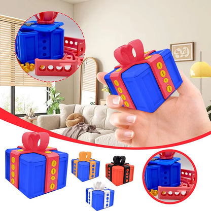 Colorful gift-shaped toys with a hand holding one, set against a living room background.