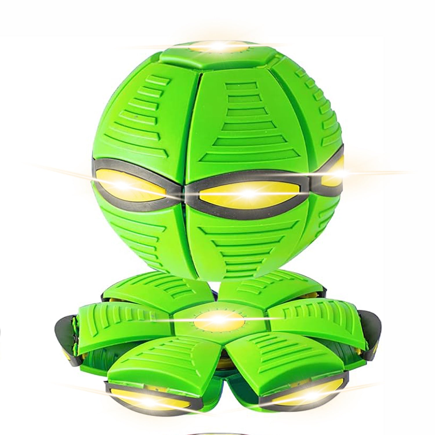 Green robot toy with glowing eyes and lights on a white background