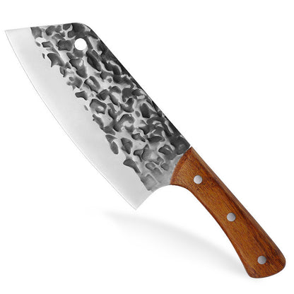 Knife with a wooden handle and textured metal blade on a white background