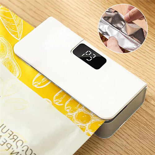 Digital kitchen scale on a wooden surface with a close-up inset of a hand holding a piece of aluminum foil.