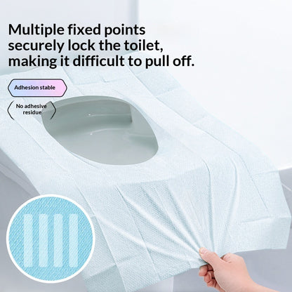 Toilet cover with adhesive points and text explaining its security features