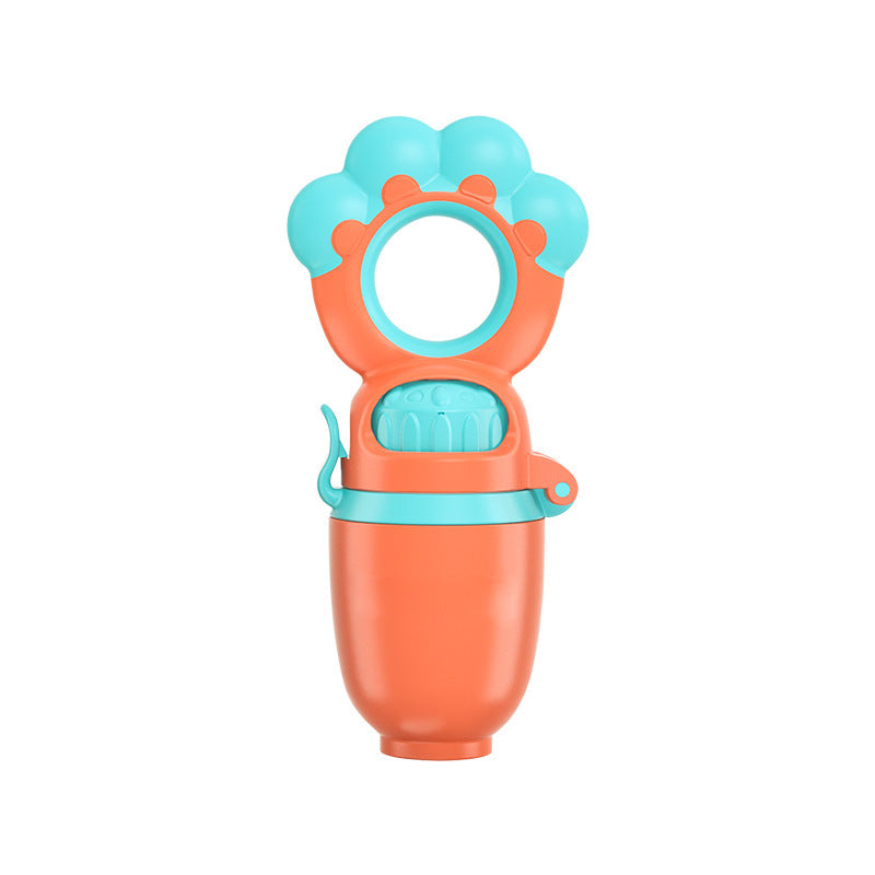 Orange and blue baby teether on a white background