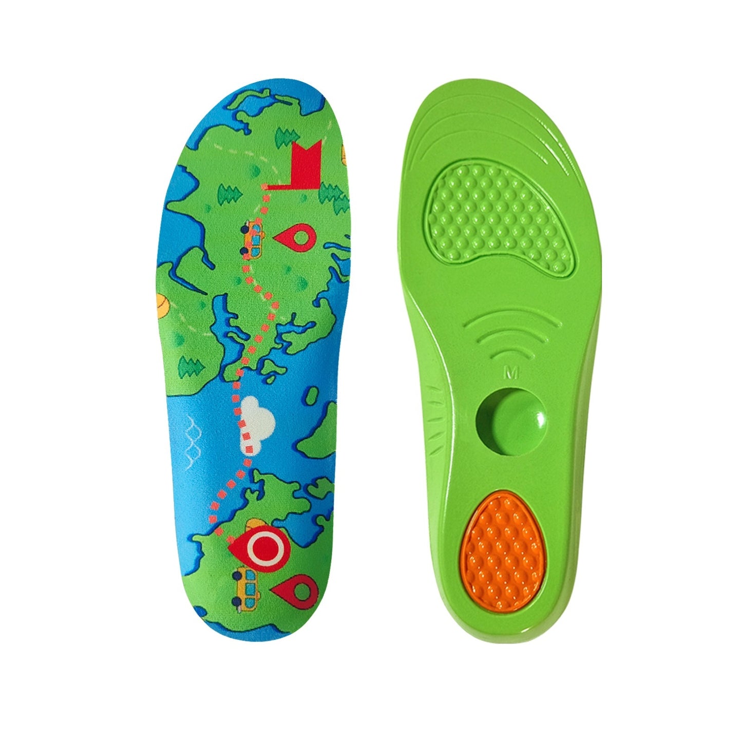 Colorful shoe insole with map design on one side and textured sole on the other, on a white background.