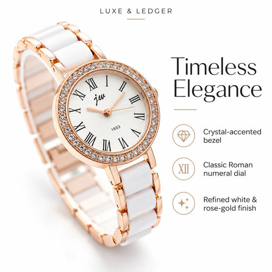 A luxury women's watch with a white ceramic link bracelet, rose gold case, and crystal-accented bezel. The dial features a white background with black Roman numerals and rose gold hands.