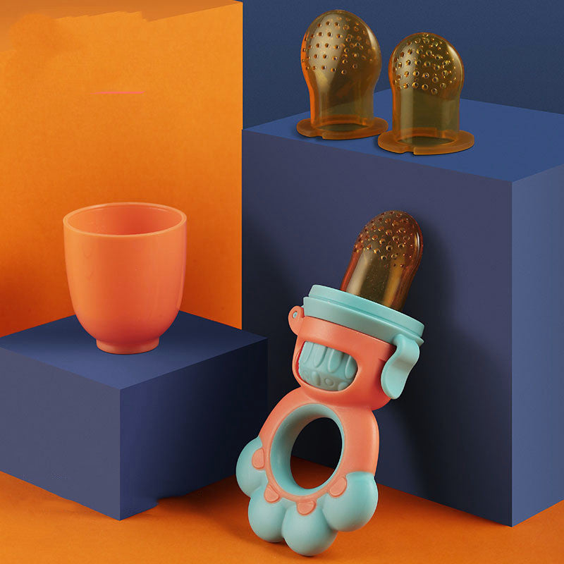 Teething toy with orange and blue design on a geometric background