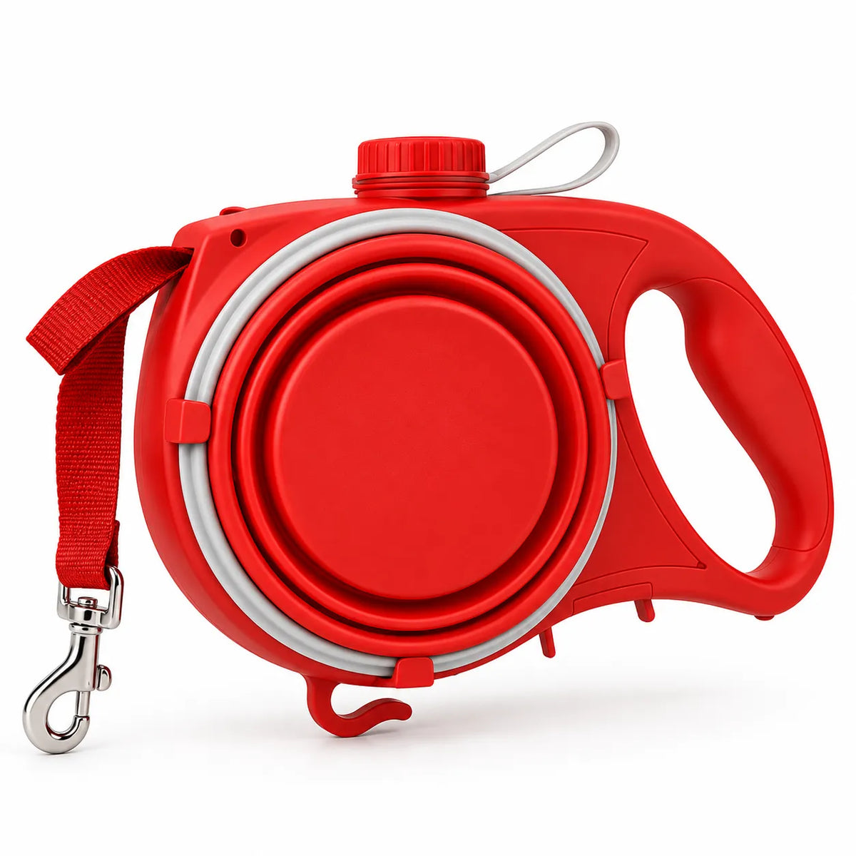 A red retractable dog leash with a matching red handle, red collar strap, silver metal snap hook, and silver inner reel ring, shown on a clean white background.