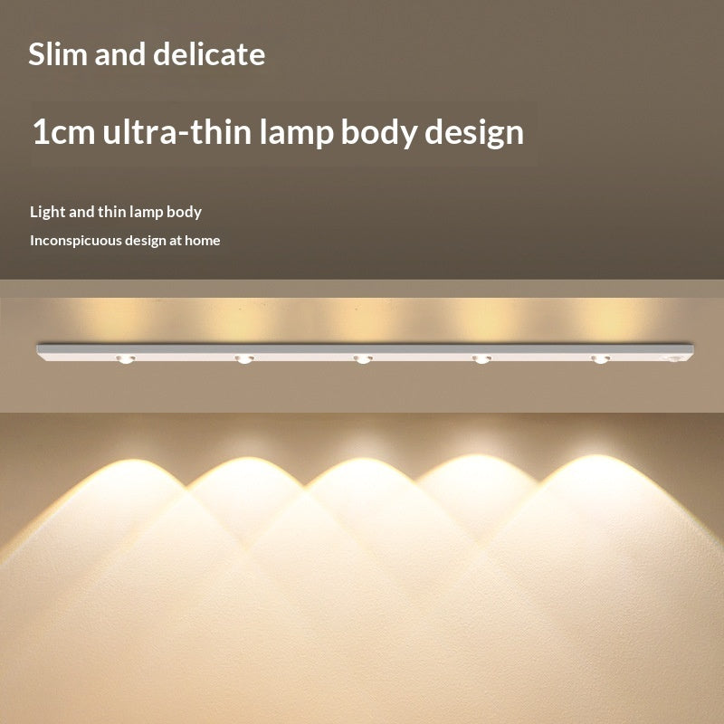 Thin LED strip light fixture on a wall with text describing its design.