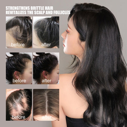 Before and after comparison of hair treatment on a woman with long, dark hair.
