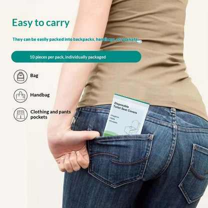 Person holding a package of disposable toilet seat covers in their jeans pocket with text about packaging options.