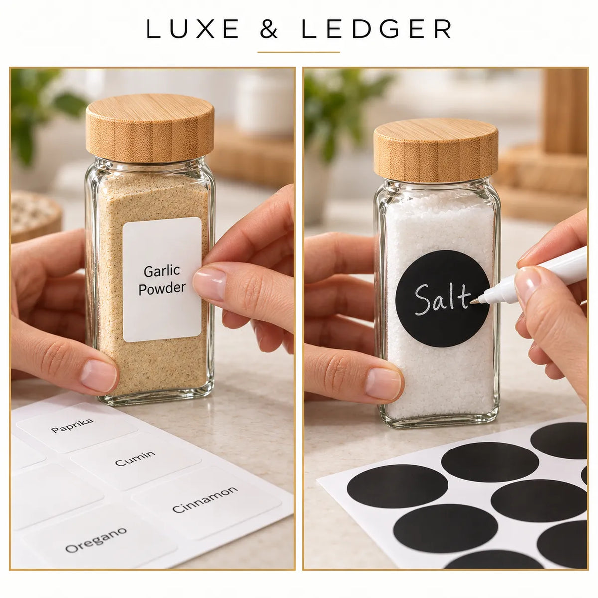 Reusable glass spice jars with bamboo lids designed to organize herbs and seasonings.