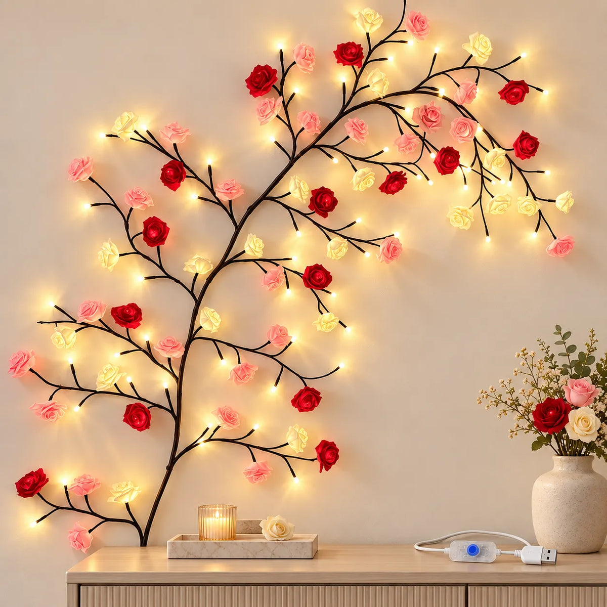 A decorative wall-mounted branch sculpture with glowing warm white fairy lights and artificial flowers in red, pink, and cream, displayed on a beige wall above a wooden console with a vase of flowers.
