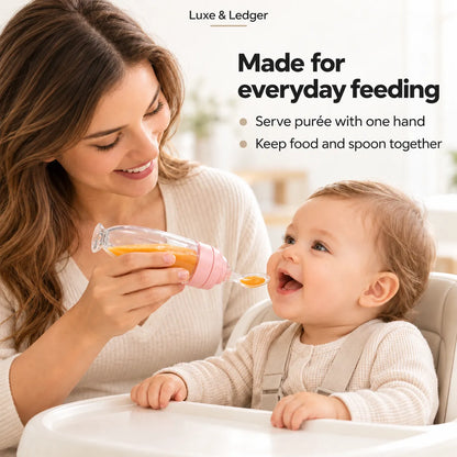 A baby in a high chair being fed by a woman using a clear feeding bottle with a pink spout. The scene includes marketing text reading 'Made for everyday feeding' and bullet points about serving puree with one hand and keeping food and spoon together.