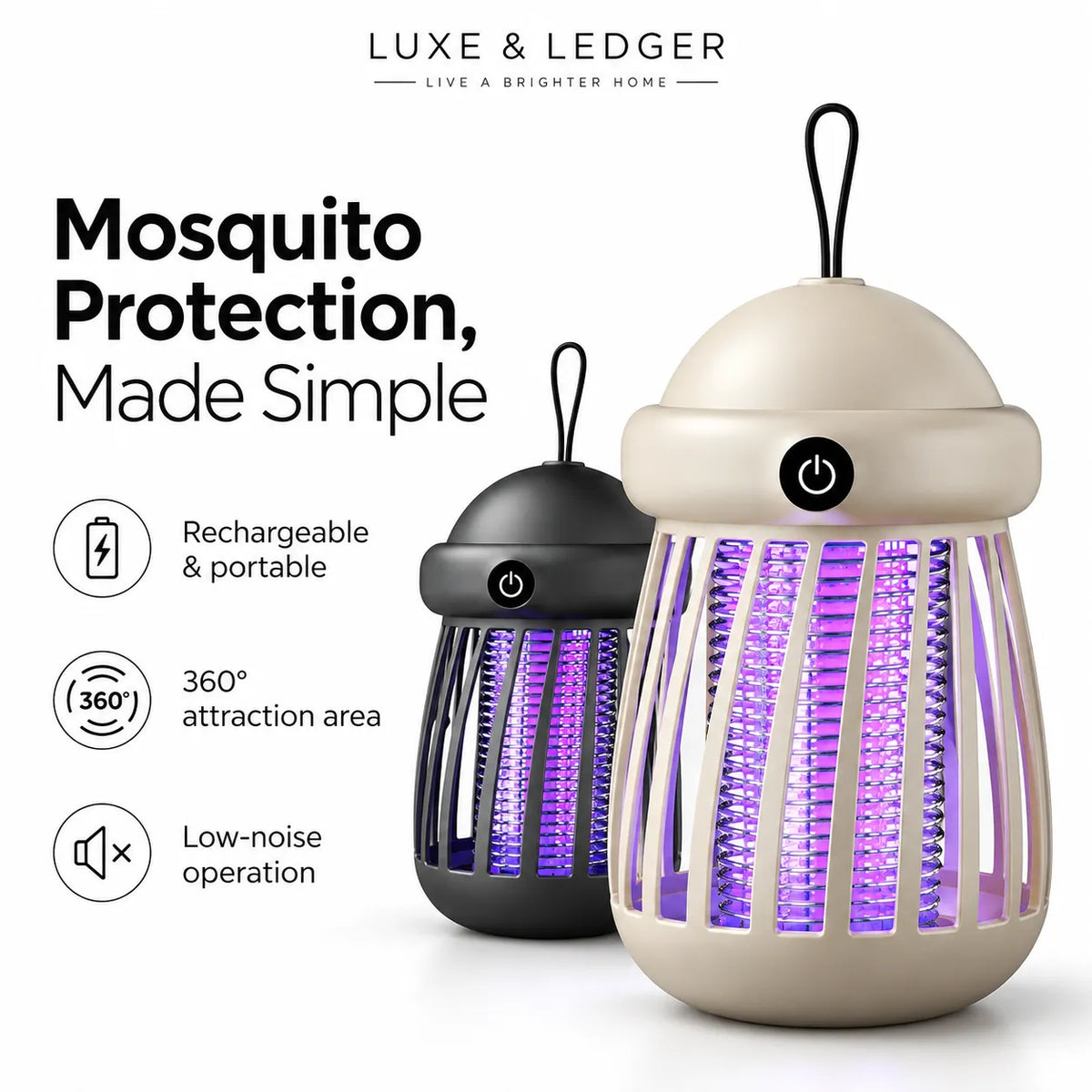 Two portable mosquito repellent lights by Luxe & Ledger, one in beige and one in black, shown on a white background with marketing text and icons about rechargeability, portability, 360-degree attraction area, and low noise.
