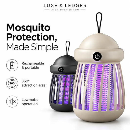 Two portable mosquito repellent lights by Luxe & Ledger, one in beige and one in black, shown on a white background with marketing text and icons about rechargeability, portability, 360-degree attraction area, and low noise.