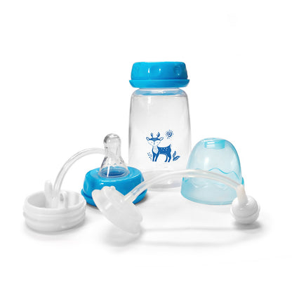 Baby bottle set with blue and white components on a white background