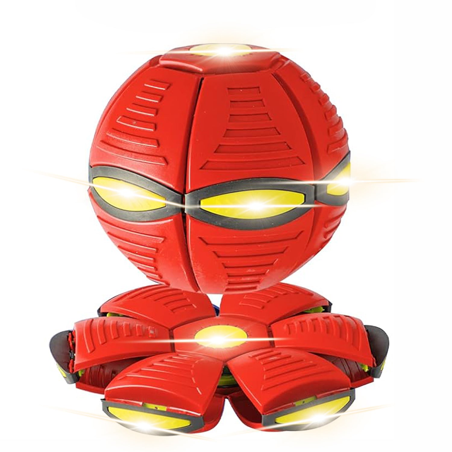 Red robot toy with glowing yellow eyes on a white background